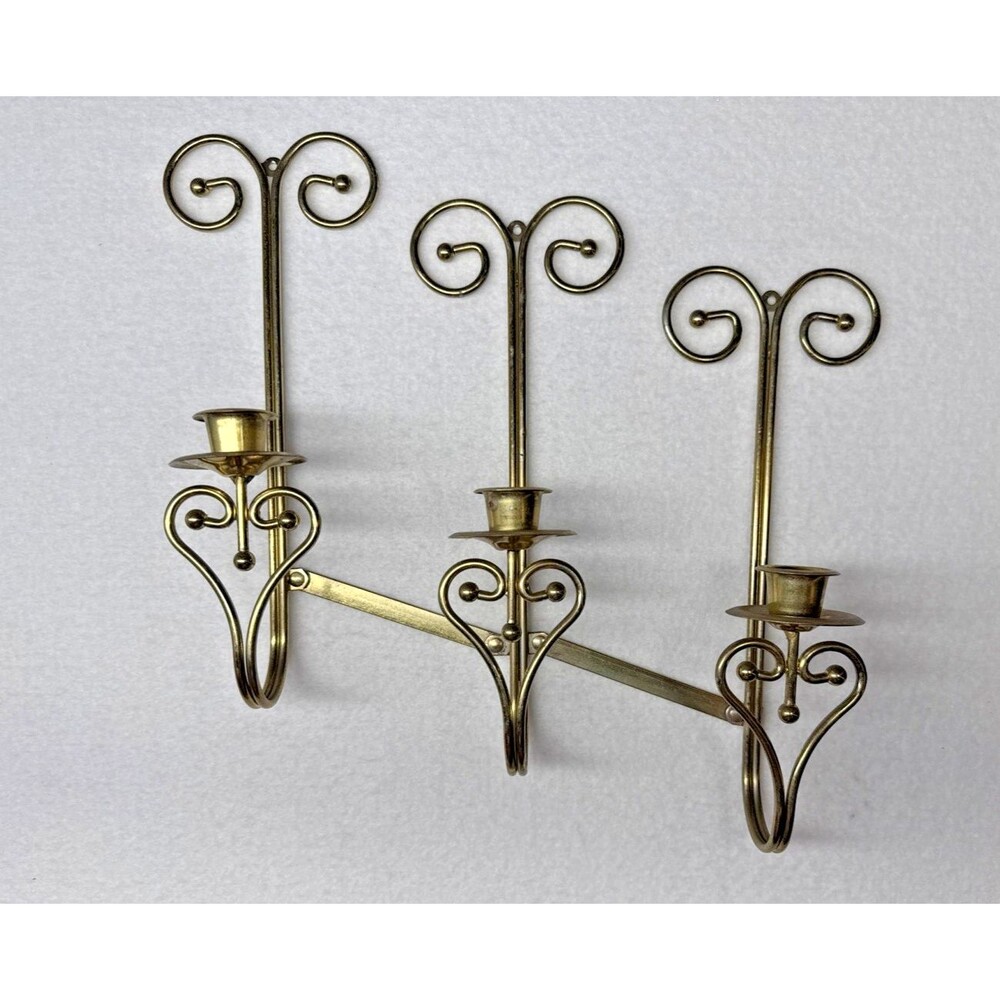 Home Interiors Brass Tone Triple Wall Candle Sconce 3 Arm Scroll 14" Vintage - Picture 5 of 10